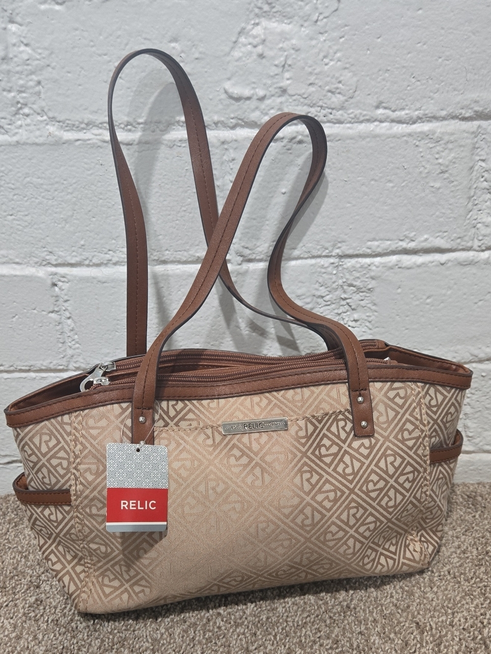 Relic Beige and Brown Geometric Tote Bag